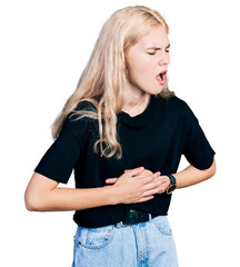 Sticker - Young caucasian woman wearing casual clothes with hand on stomach because nausea, painful disease feeling unwell. ache concept.