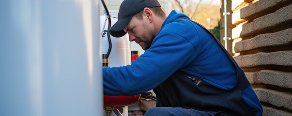 Worker plumber set up heating boiler. panorama photo