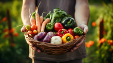 Farmer Holds Basket With Organic Vegetables. AI Generated Image