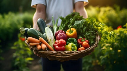 Farmer holds basket with organic vegetables. AI generated image