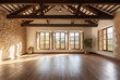 © MOUNSSIF - Open plan empty master bedroom with parquet floors, wooden beams and air conditioning in rustic style