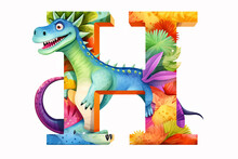 Colorful Dinosaur Letter H For Kids Isolated On White Background, Funny Cartoon Dino Alphabet, Creative Font Design For Children Education In School, Preschool And Kindergarten. Generative AI.