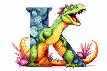 Colorful Dinosaur Letter K For Kids Isolated On White Background, Funny Cartoon Dino Alphabet, Creative Font Design For Children Education In School, Preschool And Kindergarten. Generative AI.