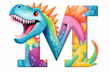 Colorful Dinosaur Letter M For Kids Isolated On White Background, Funny Cartoon Dino Alphabet, Creative Font Design For Children Education In School, Preschool And Kindergarten. Generative AI.