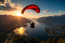 Skydiver Flying Over Water During Sunset With Mountains