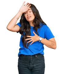 Poster - Beautiful brunette young woman wearing casual clothes touching forehead for illness and fever, flu and cold, virus sick