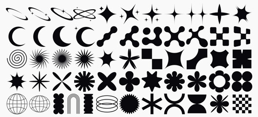 big vector set of brutalist geometric shapes. trendy abstract minimalist figures, stars, flowes, cir