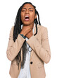 © Krakenimages.com - African american woman wearing business jacket shouting suffocate because painful strangle. health problem. asphyxiate and suicide concept.