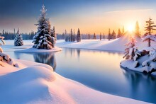 Winter Landscape With Trees And Snowgenerated By AI Technology