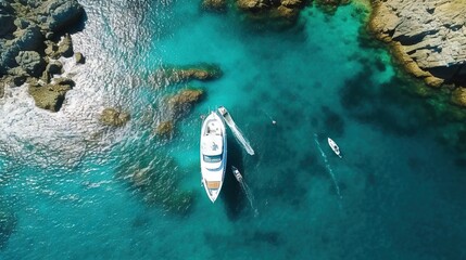 Poster -  two boats in a body of water near a rocky shore.  generative ai