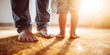 Bare feet of father and son. Beautiful young family, digital ai