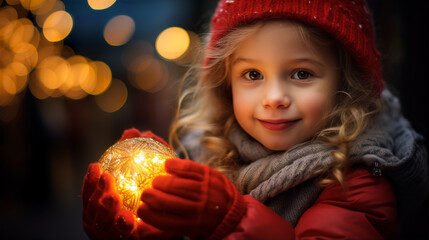 A young girl with bright eyes holds a Christmas star, made with Midjourney AI 