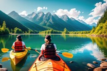 Young Lovely Couple Canoeing Kayaking On Sunny Day On Lake Sea With Mountain View Background. Best Friends Enjoying And Having Fun Together On Kayak In Vacation Holiday Trip. Generative AI