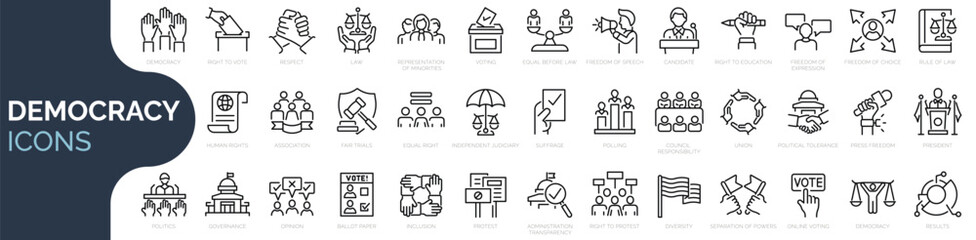 set of 35 outline icons related democracy, politics, voting, election. linear icon collection. edita