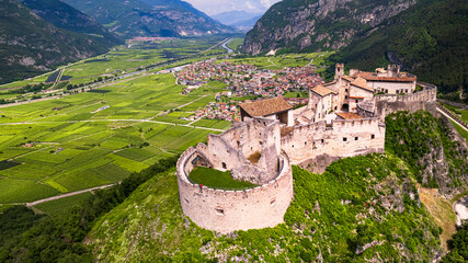 Poster - Castel Beseno aerial drone panoramic view - Most famous and impressive historical medieval castles of Italy in Trento province, Trentino region