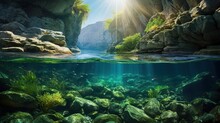  An Underwater View Of A Rocky River With A Sunbeam In The Background.  Generative Ai