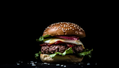 Gourmet grilled cheeseburger with fresh vegetables and fries generated by AI