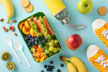 take a breather from learning: high angle shot showcasing lunch box with vegan sandwiches, yummy fru