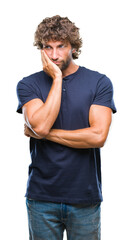 Sticker - Handsome hispanic model man over isolated background thinking looking tired and bored with depression problems with crossed arms.