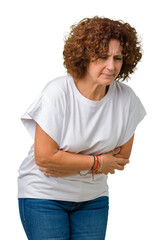 Poster - Beautiful middle ager senior woman wearing white t-shirt over isolated background with hand on stomach because nausea, painful disease feeling unwell. Ache concept.