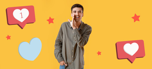 Young gossiping man on yellow background. Concept of social network