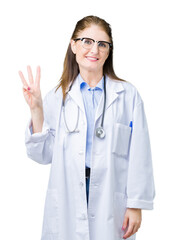 Poster - Middle age mature doctor woman wearing medical coat over isolated background showing and pointing up with fingers number three while smiling confident and happy.