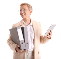 Poster - Mature businesswoman with folders and tablet computer on white background