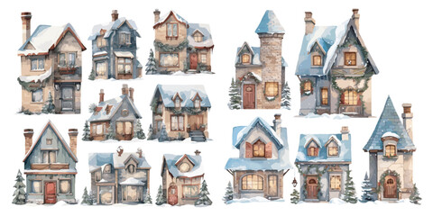 watercolor Cozy Christmas House clipart for graphic resources