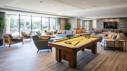 Wall Mural - Game room with a pool table, a foosball table, and other entertaining options for residents to enjoy friendly competition and leisure activities