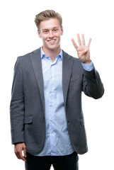 Poster - Young handsome blond business man showing and pointing up with fingers number four while smiling confident and happy.