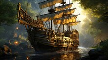 A Pirate Ship In The Middle Of A River. Generative AI Image.