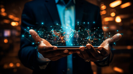 A businessman holding a tablet and looking at a virtual blockchain network with data fields floating around him