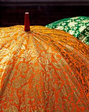 Top View Of Orange And Green Umbrellas