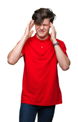 Wall Mural - Young handsome man wearing red t-shirt over isolated background suffering from headache desperate and stressed because pain and migraine. Hands on head.