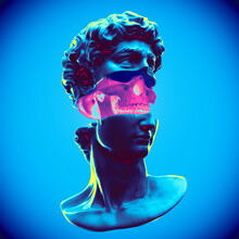 Abstract Anatomic Concept Illustration From 3d Rendering Of A Marble Classical Head Bust Sliced Open In Two Showing A Skull Inside In Vaporwave Pink And Blue Colors And Isolated On Background.