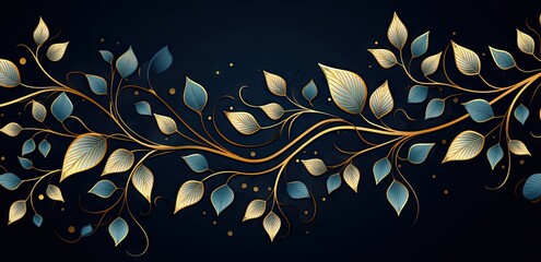 Wall Mural - blue floral pattern with gold leaves generative AI