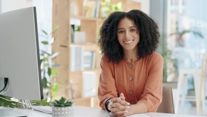 Wall Mural - Face, business and woman with a computer, smile and consultant in a workplace, happiness and employee. Portrait, female person and entrepreneur with a pc, website information and internet connection