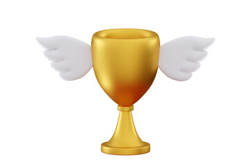 3D Trophy with wings Winner prize and success concept 1st place award Popper with ribbon confetti Victory prize Minimal 3D rendering illustration