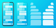 Realistic Smartphone With Messaging App On Colorful Blue Background. Blank SMS Text Frame. Chat Screen With Transparent Message Bubbles. Social Media Application. Vector Illustration