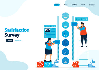 landing page template of emoticon satisfaction surveys. give rating and stars for apps services. good feedback with emoticons. illustration for banner, ui ux, website, web, mobile apps, flyer, card