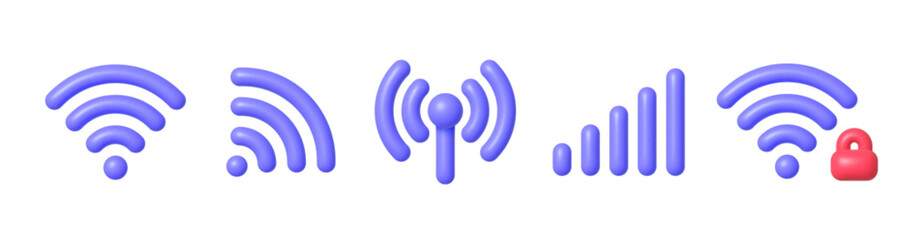 Wifi 3d set for web background design. Cartoon collection with purple wifi 3d. Internet access decorative design template. Vector isolated illustration