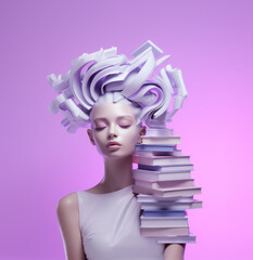 Wall Mural - A mannequin of a beautiful woman with books in shades of pastel purple. A surreal composition about education, reading, knowledge and studying. One peaceful mind, for book lovers. Generative AI.