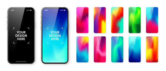 Smartphone with blank touch screen and abstract colorful background, wallpaper. Frameless mobile phone in front view. High quality detailed device mockup. Vector illustration