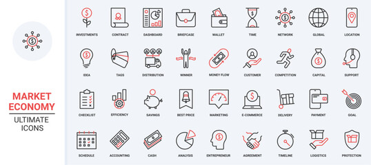 Poster - Collection with bank accounting and chart report, distribution and contract. Finance and budget, economy, financial investment and savings trendy red black thin line icons set vector illustration.