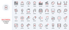 Video Camera And Microphone, Photo, Movie And Music Library Mobile App, Headphones And Games. Multimedia Content, Equipment And Entertainment Trendy Red Black Thin Line Icons Set Vector Illustration.