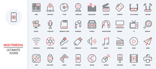 Video camera and microphone, photo, movie and music library mobile app, headphones and games. Multimedia content, equipment and entertainment trendy red black thin line icons set vector illustration.