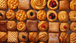 Sweet pastries of buns, muffins and peregrines for bakeries and bakeries. Fresh baked confectionery created in ai.