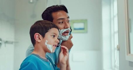 Wall Mural - Dad, boy and learning to shave in bathroom with facial cream, skincare routine and support. Father, kid and teaching about cosmetics of cleaning face, beard and foam for love, care and family at home