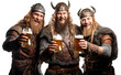 Three Vikings men drinking beer and smiling at camera on transparent isolated background