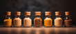 A set of spices in glass jars on a gray uniform background. Oriental spices, assorted spices in flasks. A spicy paprika created in AI.